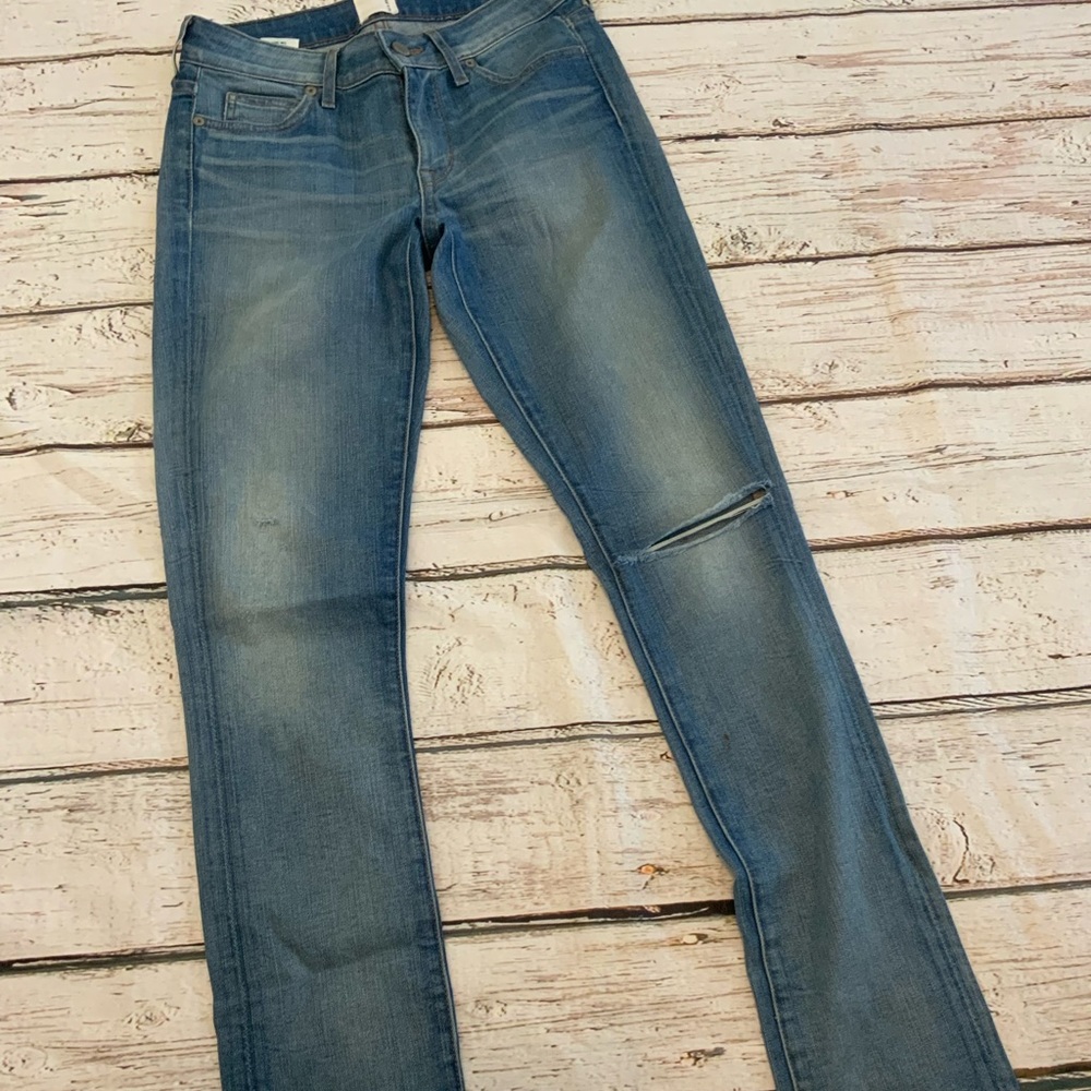 Rich & Skinny Womens Distressed Low Rise Slim Leg Jeans Light Wash Blue Size 24